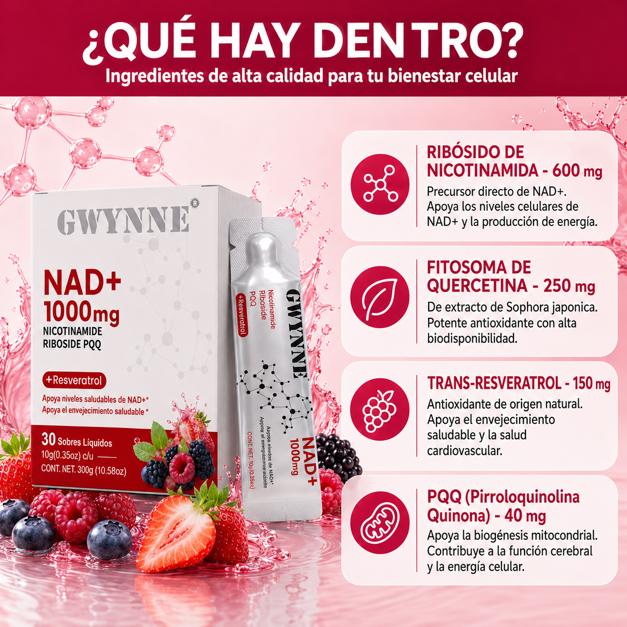 Gwynne Nad Suplemento Con Nicotinamide Riboside, Resveratrol & Pqq 1000mg Alternativa Nmn Extra Fuerte Para Anti-envejecimiento, Energía & Concentración 30 Unidad