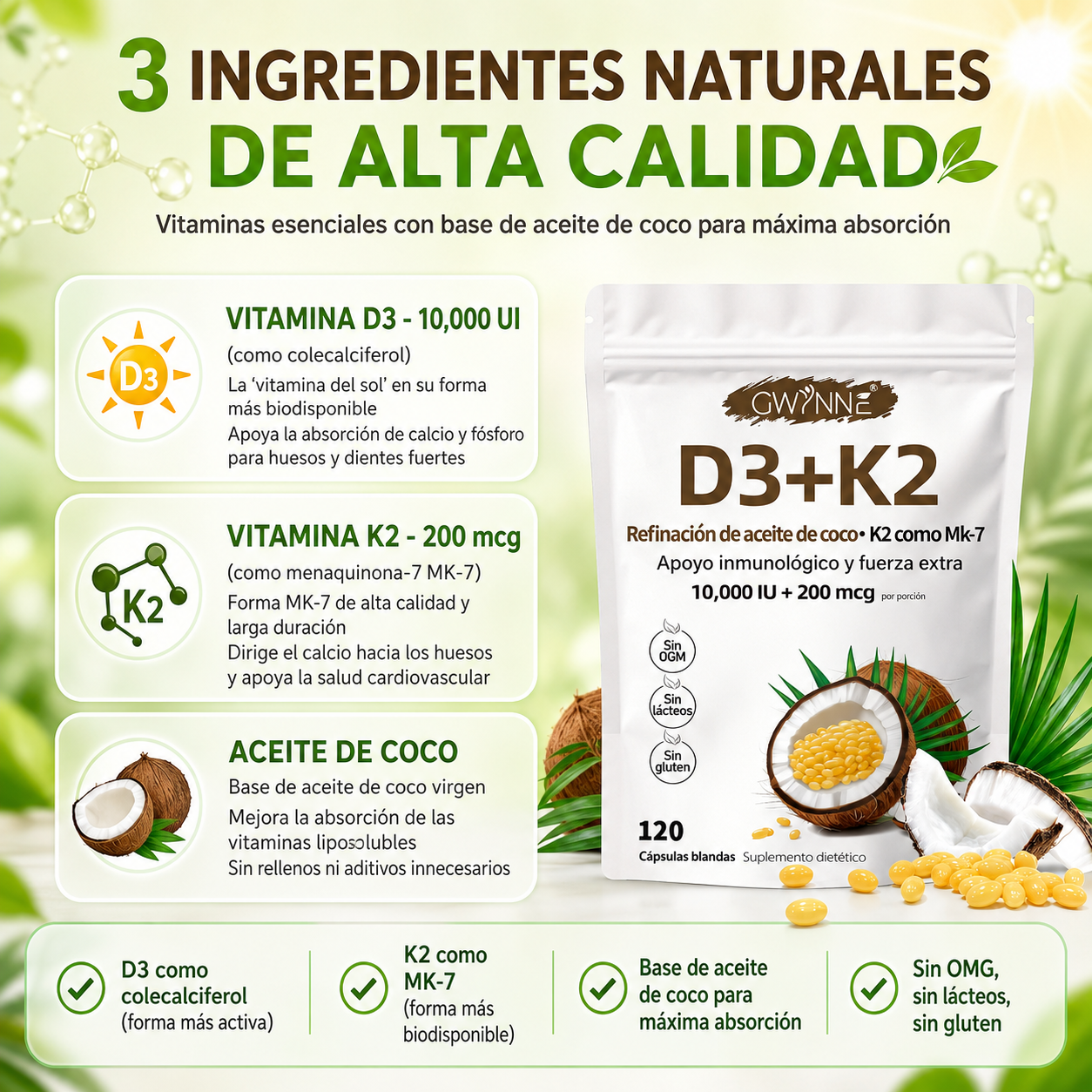 Gwynne Vitamina D3 10.000ui + K2 Mk-7 200mcg,120cápsulas  2 En 1 Aceite De Coco Vírgenapoyo Óseo,inmunológico Y Cardíaco