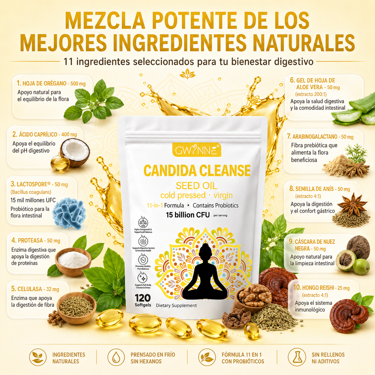 Gwynne Candida Cleanse Seed Oil 120 Cápsulas,hierbas Naturales Para La Desintoxicación Intestinal Con 15 Billion Cfu,11-in-1 Formula Con Hoja De Orégano,ácido Caprílico Y Probiotics