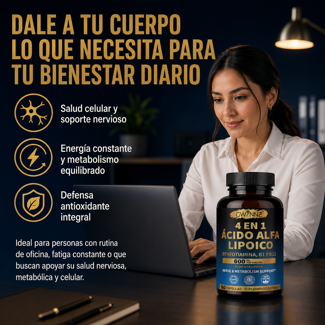 Gwynne 4 En 1 Ácido Alfa Lipoico 600mg 90 Cápsulas,suplemento Antioxidant, Para Los Nervos,energía Y Apoyo Al Metabolismo,con Benfotiamina,b1 Y B12