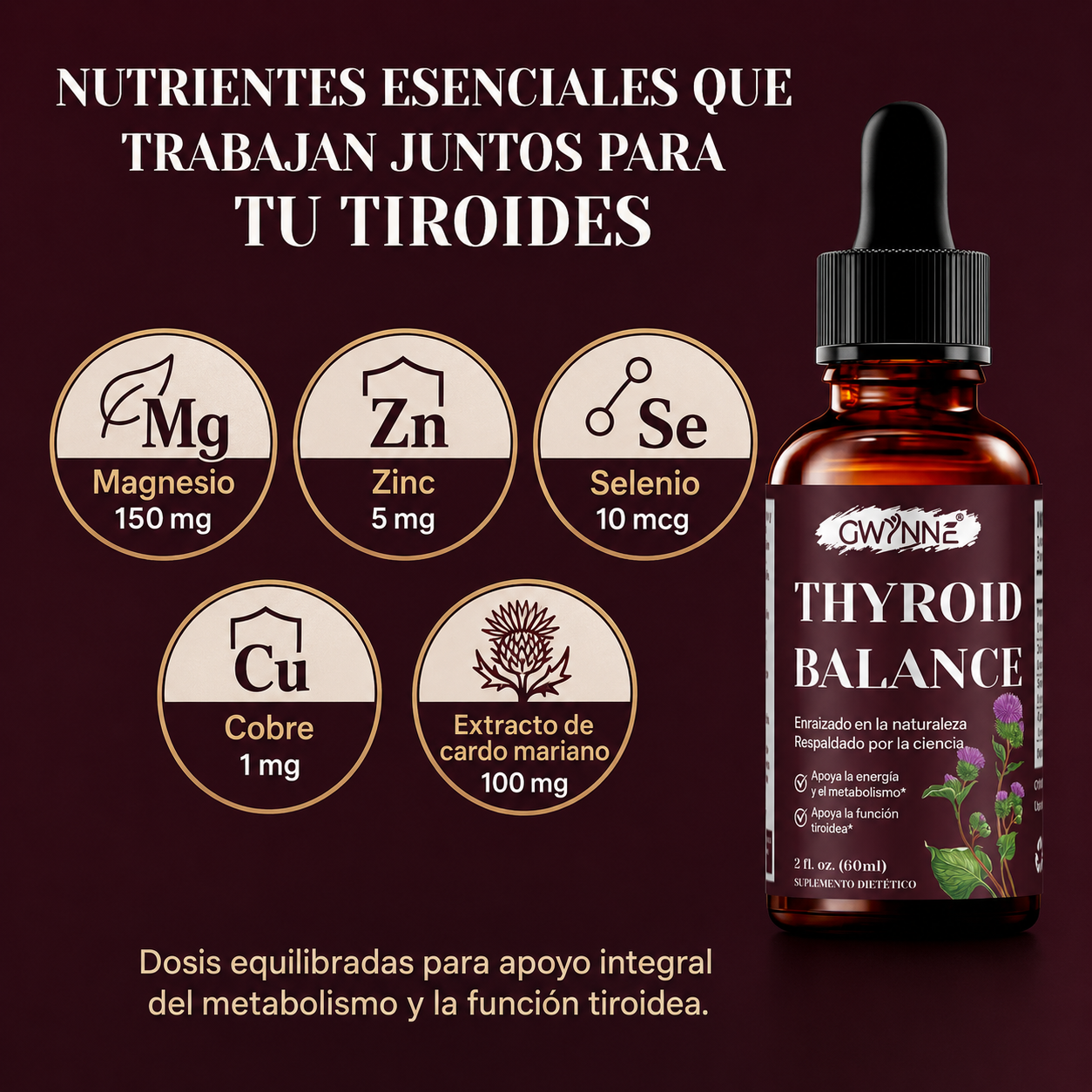 Gwynne Thyroid Balance Suplemento Líquido,con Magnesio,zinc,selenio,cobre,apoyo Equilibrio Tiroideo, Energía Y Metabolismo Saludable,60ml
