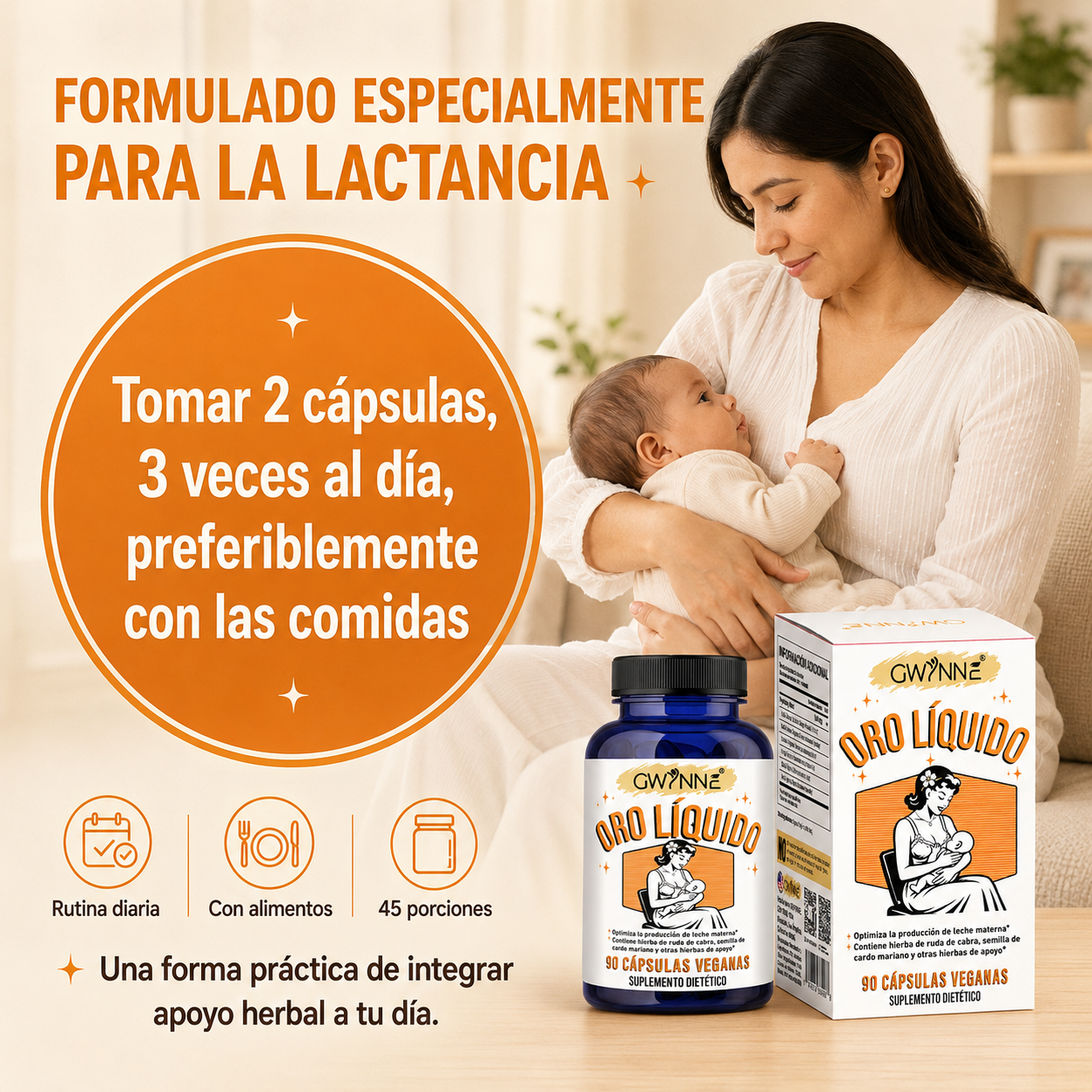 Gwynne Oro Líquido Suplemento Para Lactancia Materna,con Ruda Cabruna Orgánica,cardo Mariano,shatavari, Hinojo,alfalfa Y Anís,apoya La Producción De Leche Materna, 90 Cápsulas