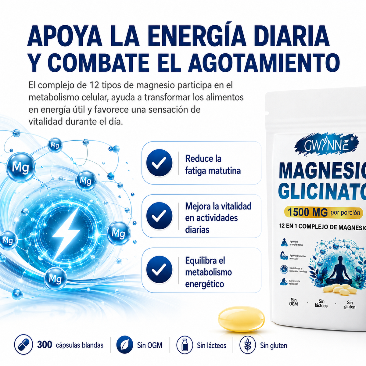 GWYNNE 12 en 1 Complejo de Magnesio 1500mg,con Glicinato De Magnesio,Citrato De Magnesio,Óxido De Magnesio,Musculo Relajación,300 bland Cápsulas