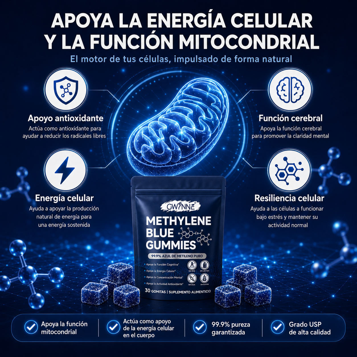 Gwynne Methylene Blue Gummies,99.9% Azul De Metileno Puro Grado Usp,apoyo A La Energía Celular Y Función Cognitiva,30 Gummies