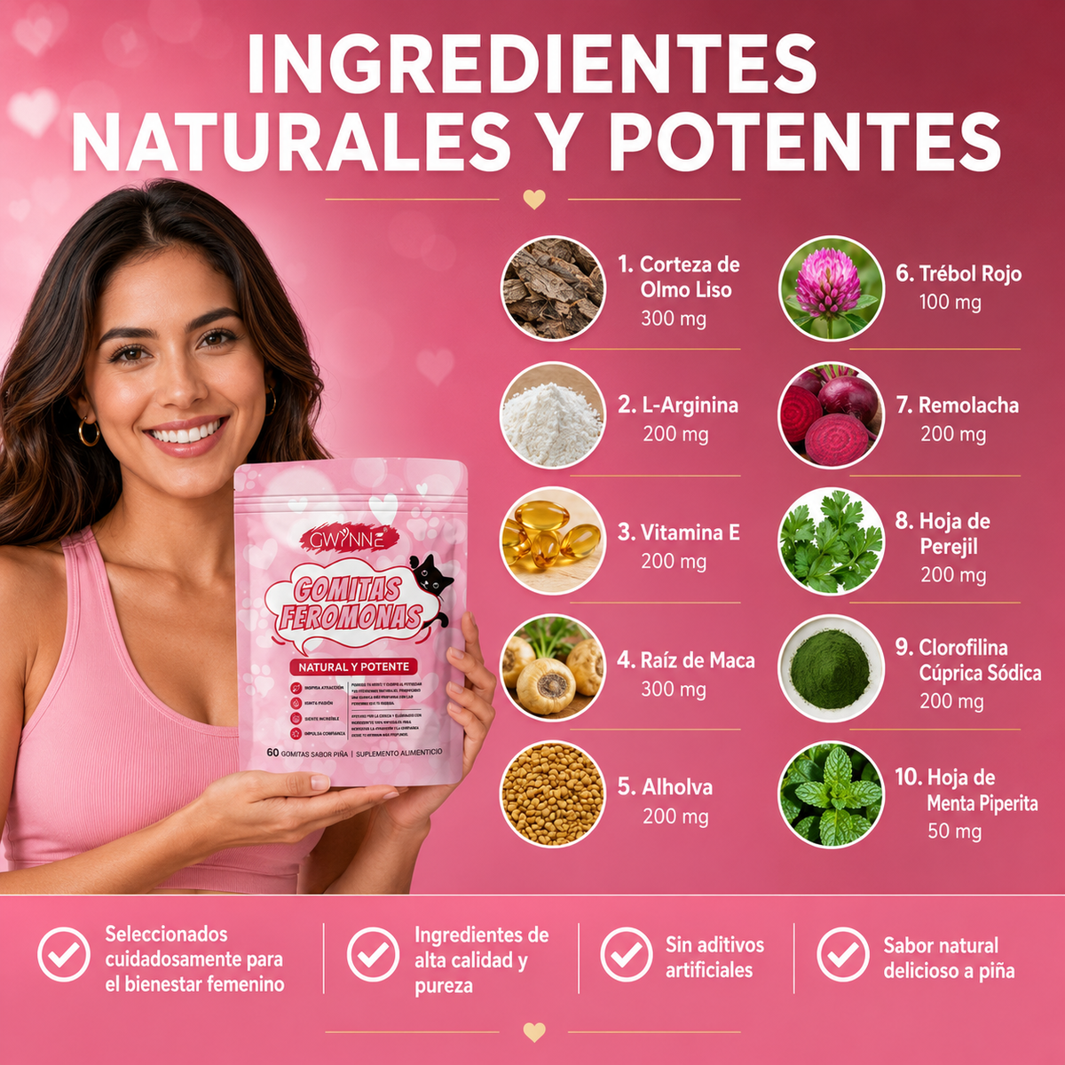 Gwynne Gummies Feromonas Con Corteza De Olmo Liso,l-arginina,maca Y Vitamina E Para Mujeres,mejorar Apoya El Encanto,apoya El Equilibrio,confianza Y Vibe Social,60 Gummies
