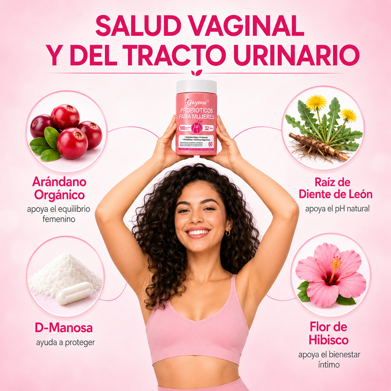 Gwynne Vaginal Probióticos Para Mujeres 100m Ufc + 32cepas,conprebioticos,enzimas Digestivas,arándano Rojo Y D-manosa, Apoyo Vaginal Y Digestivo,60 Cápsulas