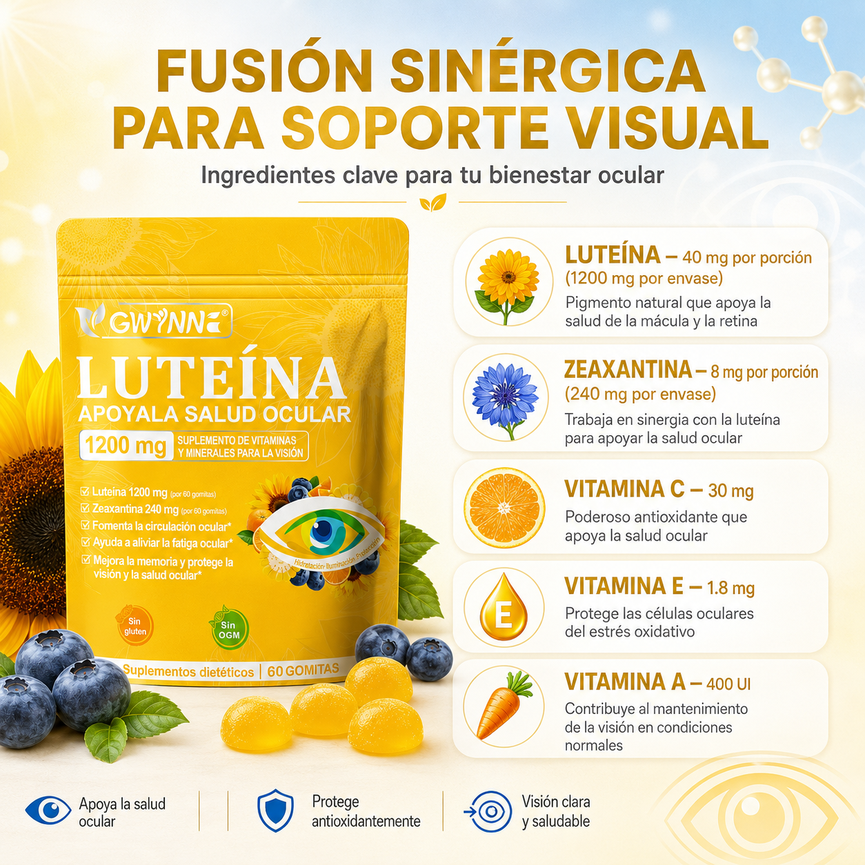 Gwynne Gummies De Luteína 60 Gummie,suplemento De Vitaminas Y Minerales Oculares Con 40mg De Luteína Y 8mg De Zeaxantina,vitaminas Gomosas Para El Apoyo A La Salud Ocular
