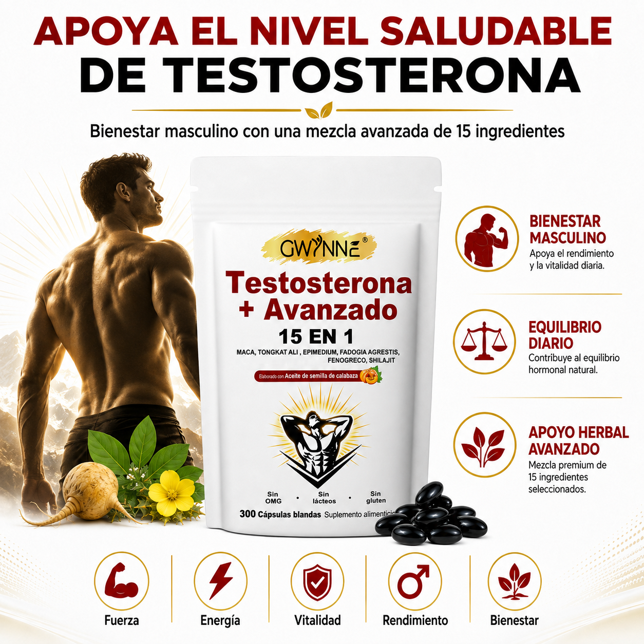 GWYNNE 15‑en‑1 Testosterona Avanzado Suplemento 300 Cápsulas con Maca,Tongkat Ali y Shilajit