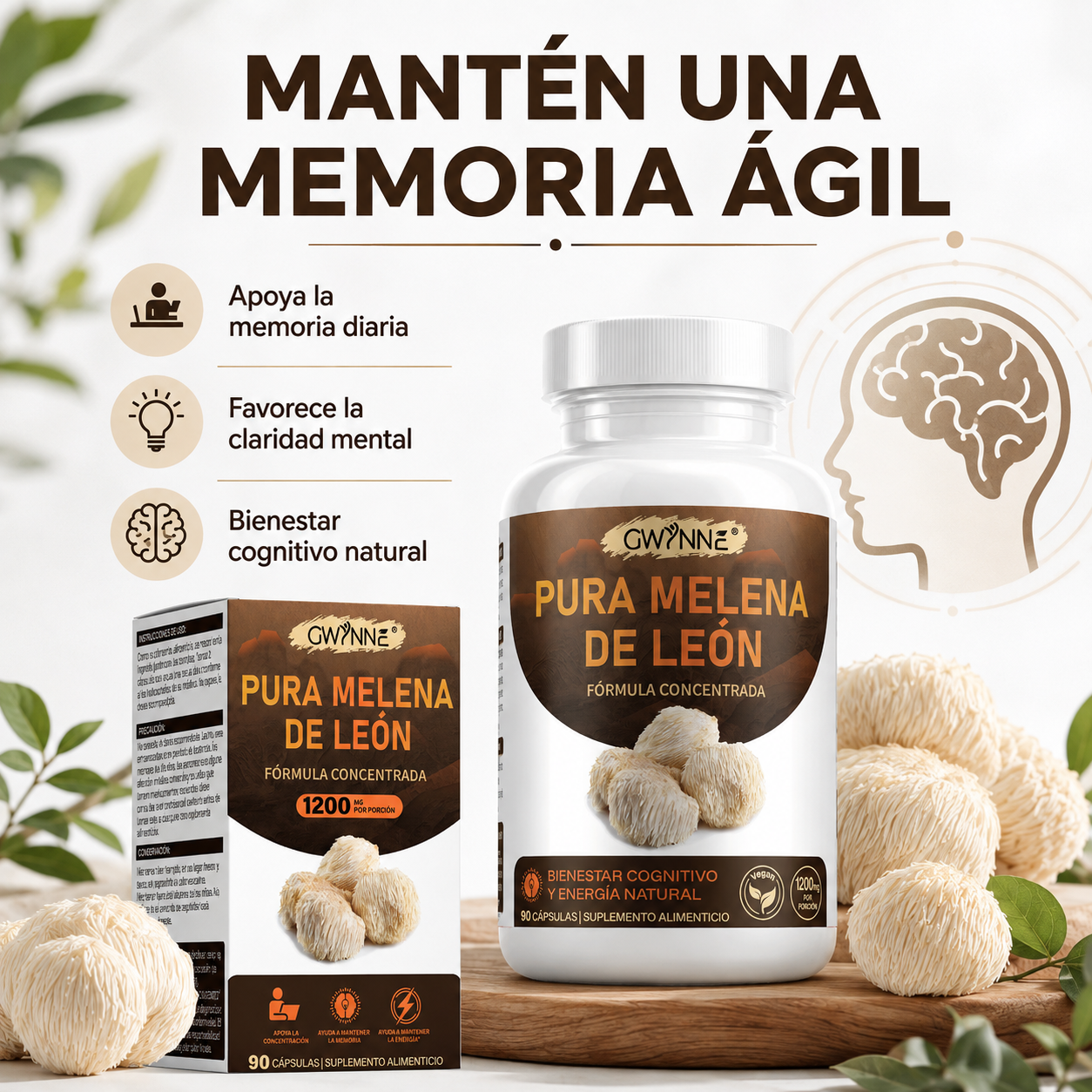 GWYNNE Pura Melena de León 1200 mg,apoyo Foco y cognición,90 Cápsulas