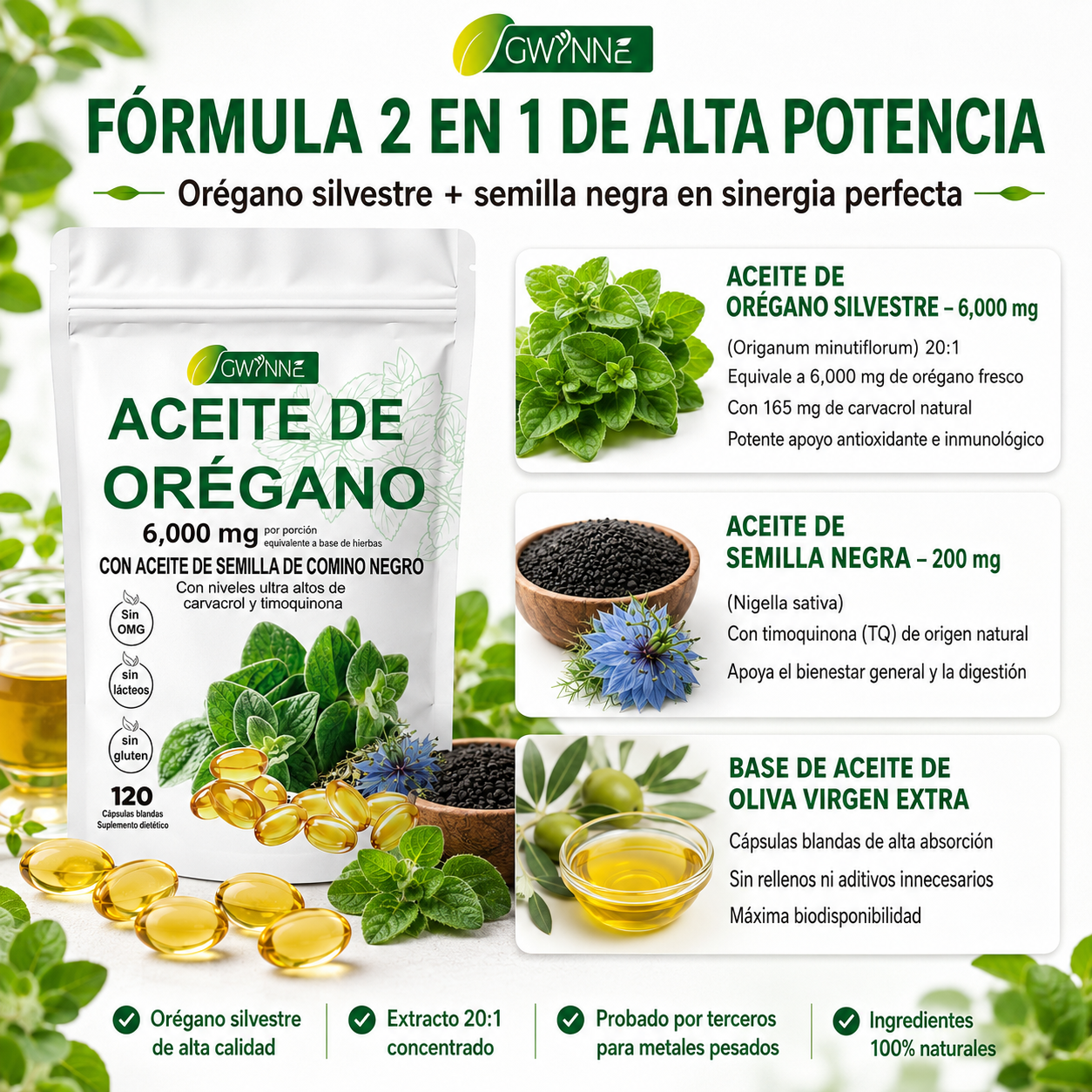 Gwynne Micro Ingredients Aceite De Orégano Cápsulas Oil Of Oregano Blandas 6000mg Por Dosis 120 Cápsulas