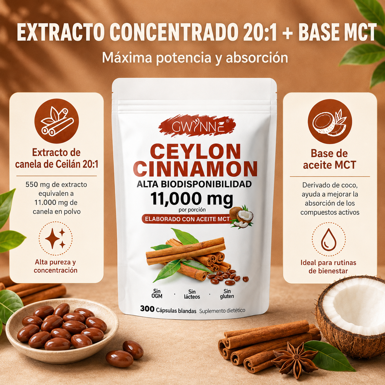 GWYNNE Ceylon Cinnamon 300 Capsules 20:1 con Aceite MCT,alta biodisponibilad 11000mg