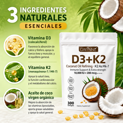 Gwynne Vitamina D3 10.000ui + K2 Mk-7 200mcg,2 En 1 Aceite De Coco Vírgenapoyo Óseo,inmunológico Y Cardíaco,300 Cáps