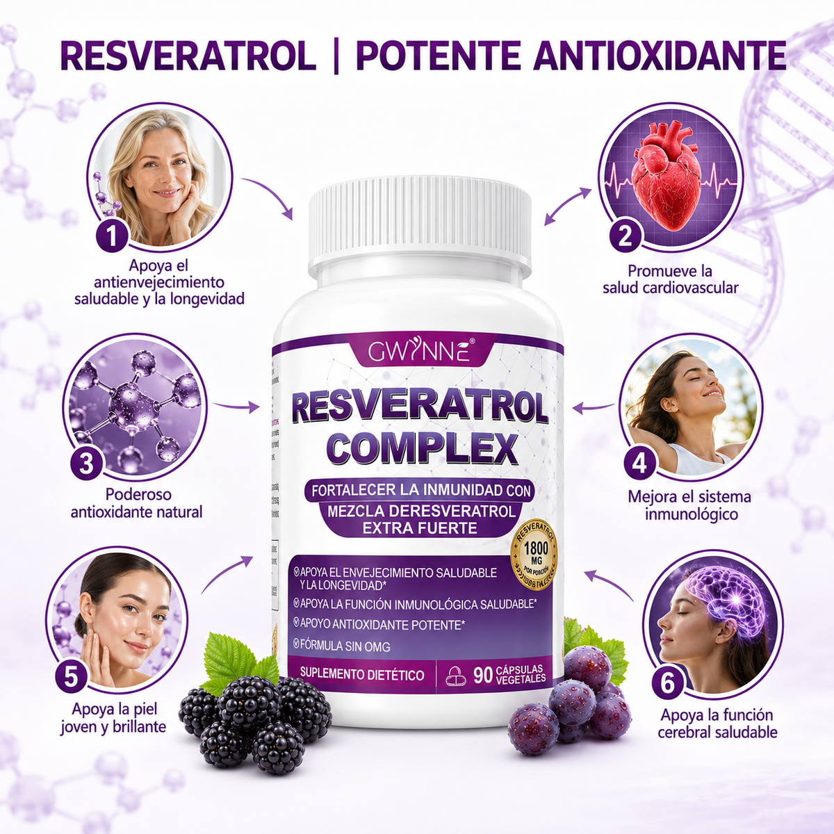 Gwynne Resveratrol Supplement 1800 Mg Complejo Antioxidante 90 Cápsulas,píldoras De Resveratrol Para Envejecimiento Saludable,apoyo A La Salud General,sistema Inmunológico,función Cerebral