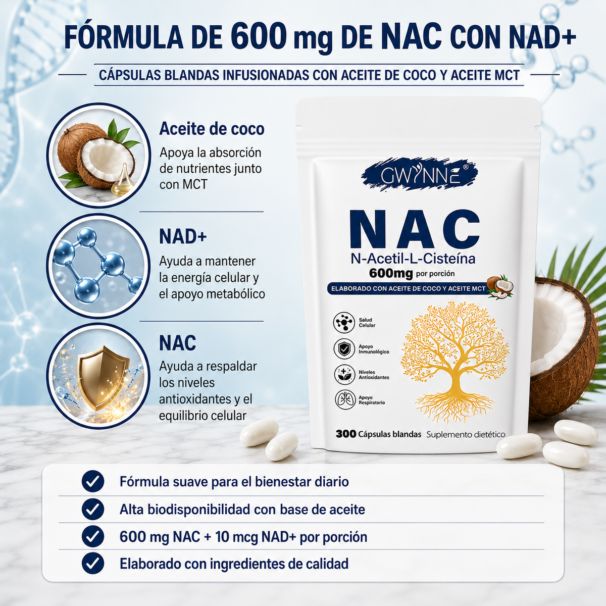 Gwynne Nac N-acetil-l-cisteína 600 Mg 300 Cápsulas,con Dinucleótido De Adenina Y Nicotinamida, Propiedades Antioxidantes,favorece Las Defensas Naturales Y El Bienestar Respiratorio General 