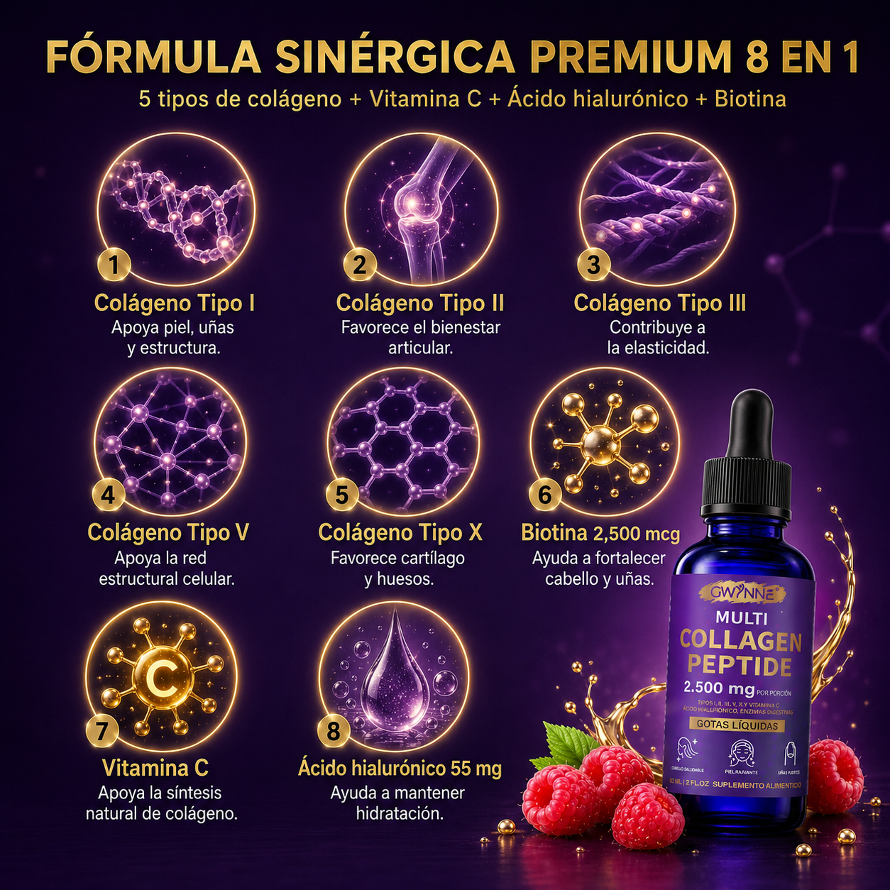 Gwynne Péptidos de Colágeno Múltiples Gotas 2500 mg,con Biotina y Ácido Hialurónico, complemento para el cuidado diario del cabello,la piel y las articulaciones,60ml