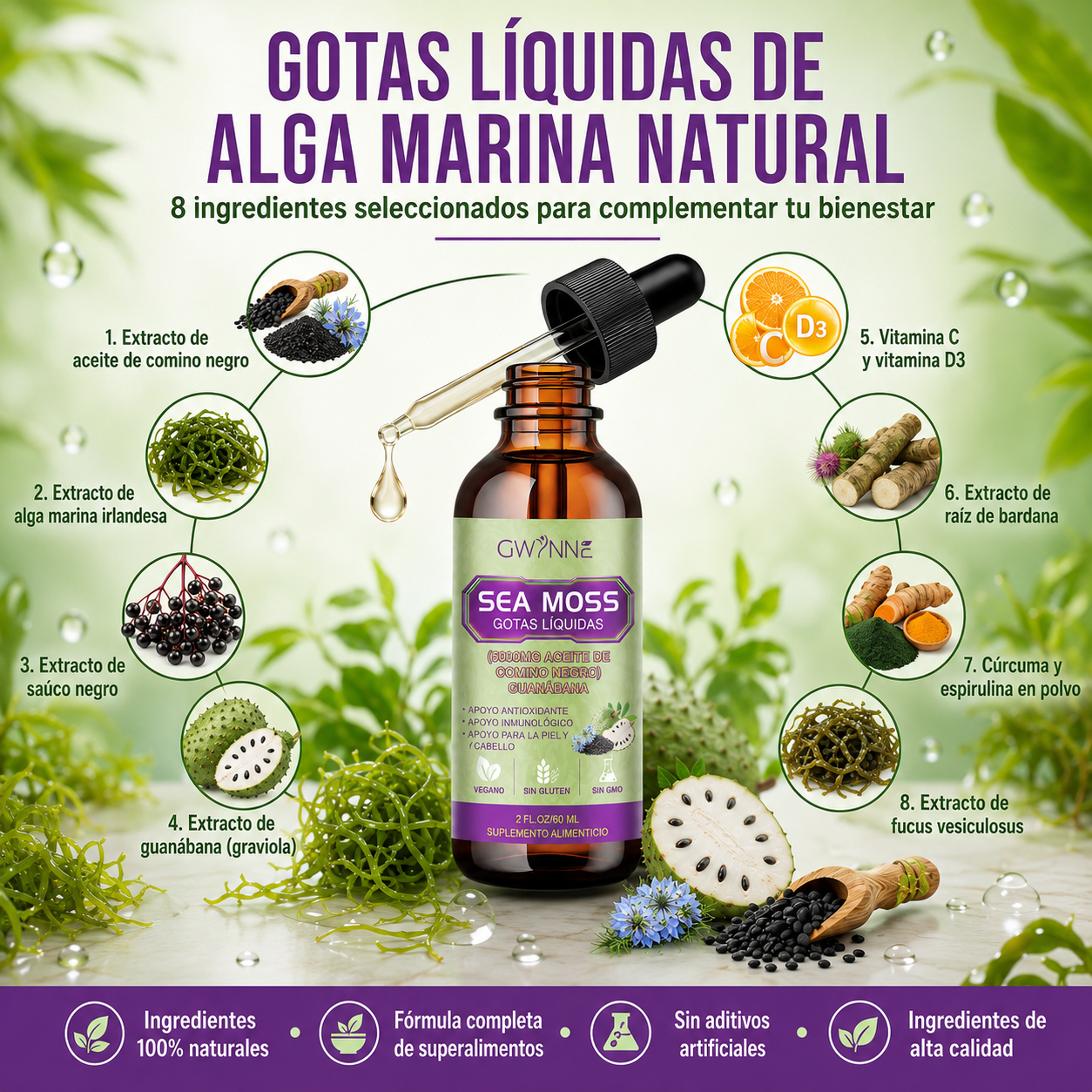 Gwynne Gotas Líquidas De Musgo Marino 5000mg 60ml - Irish Sea Moss Black Seed,suplemento Multimineral De Musgo Marino Apoyo Antioxidante, Inmunitario, Salud Intestinal
