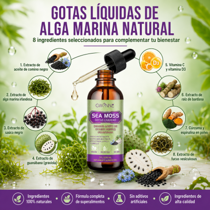 Gwynne Gotas Líquidas De Musgo Marino 5000mg 60ml - Irish Sea Moss Black Seed,suplemento Multimineral De Musgo Marino Apoyo Antioxidante, Inmunitario, Salud Intestinal
