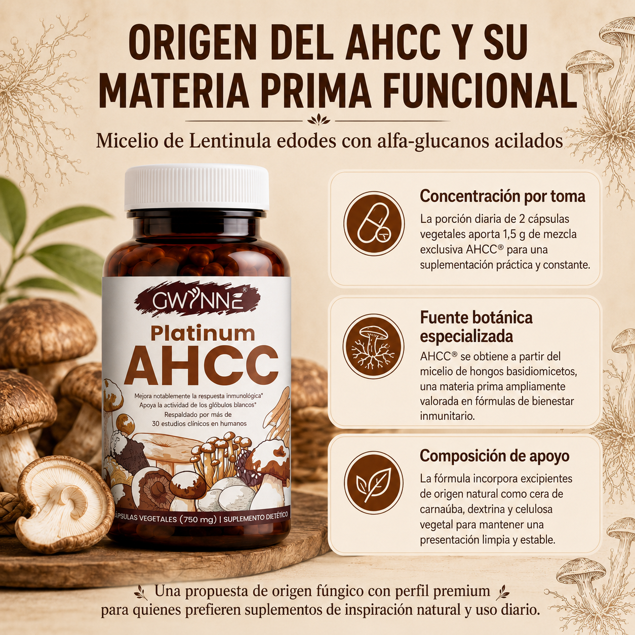 GWYNNE Suplemento Vegetal Platinum AHCC 750 mg,90 Cápsulas