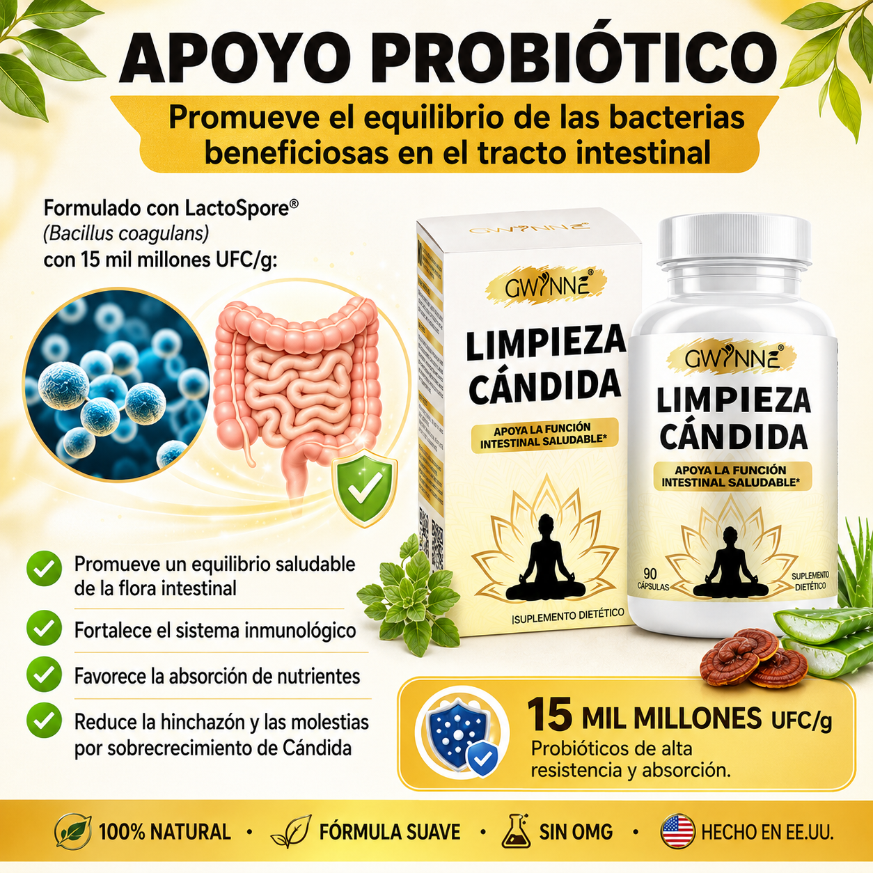Gwynne Limpieza Cándida 90 Cápsulas Con Orégano,ácido Caprílico Y Probióticos,gut Y Colon Support,desintoxicación Intestinal