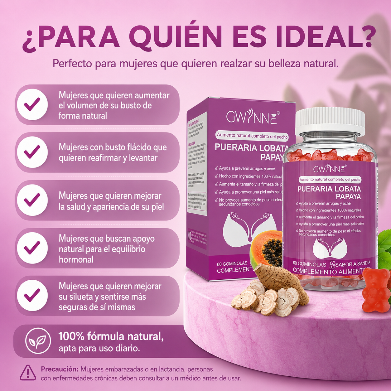 Gwynne Puro Natural Aumento De Mamas Lifting De Glúteos,con Pueraria Mirifica 1000mg Y Extracto De Papaya 500mg,apoyo Al Crecimiento Mamario,piel Sana,estrógeno,60 Gominolas