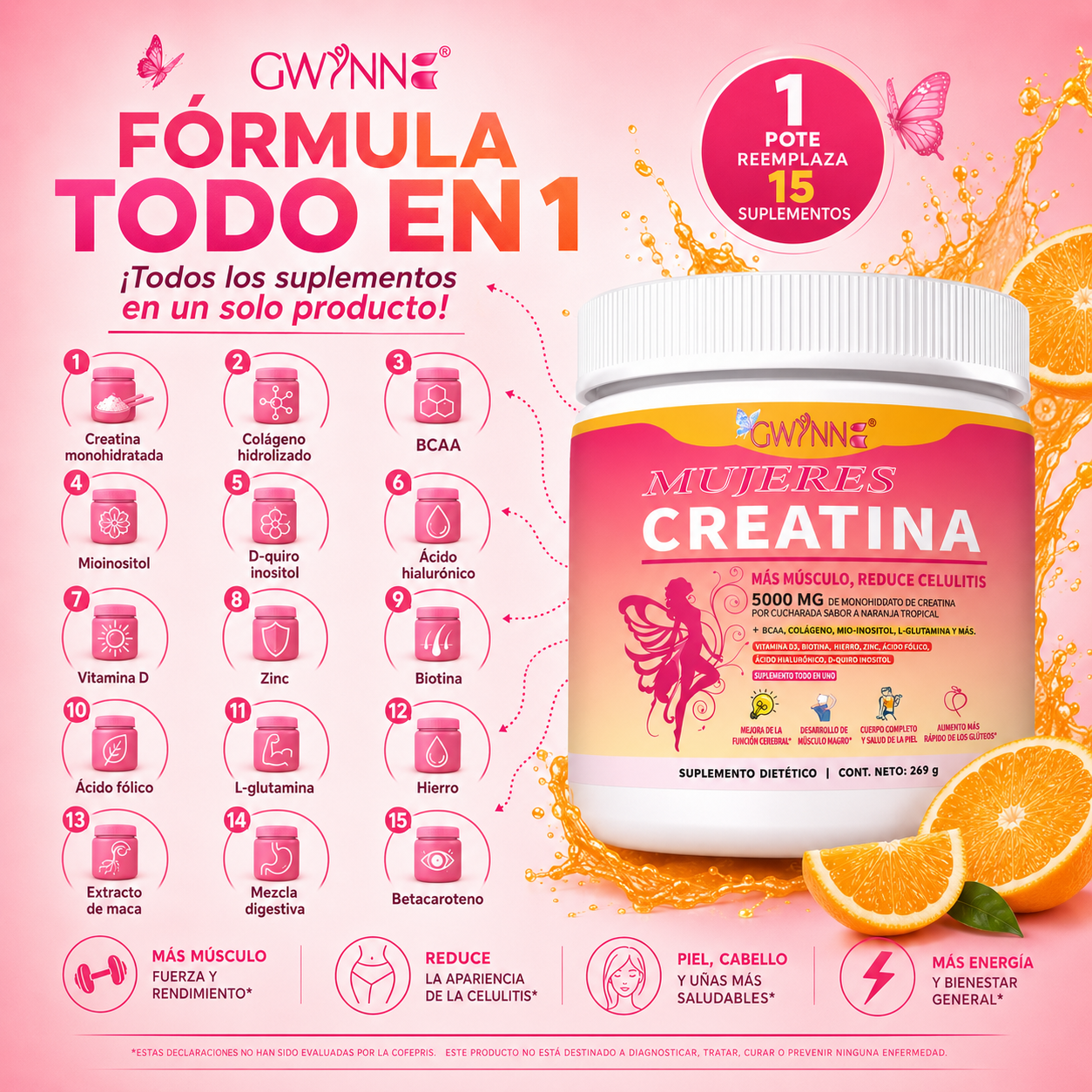 Gwynne Suplemento De Creatina Para Mujeres 269g-5000mg De Creatina,con Colágeno,mioinositol Y Bcaa,apoya El Desarrollo Muscular,la Elasticidad De La Piel,el Cabello Saludable Y Las Uñas