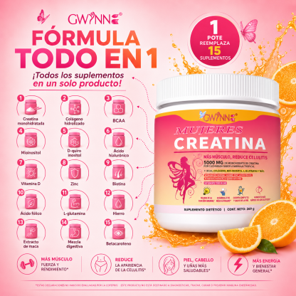 Gwynne Suplemento De Creatina Para Mujeres 269g-5000mg De Creatina,con Colágeno,mioinositol Y Bcaa,apoya El Desarrollo Muscular,la Elasticidad De La Piel,el Cabello Saludable Y Las Uñas