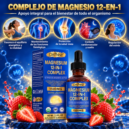 GWYNNE Complejo de Magnesio 12 en 1 Gotas Líquidas 1500mg,60ml,con Glicinato de Magnesio,Citrato de Magnesio,Malato de Magnesio,etc,para Bienestar Nervioso y Relajación