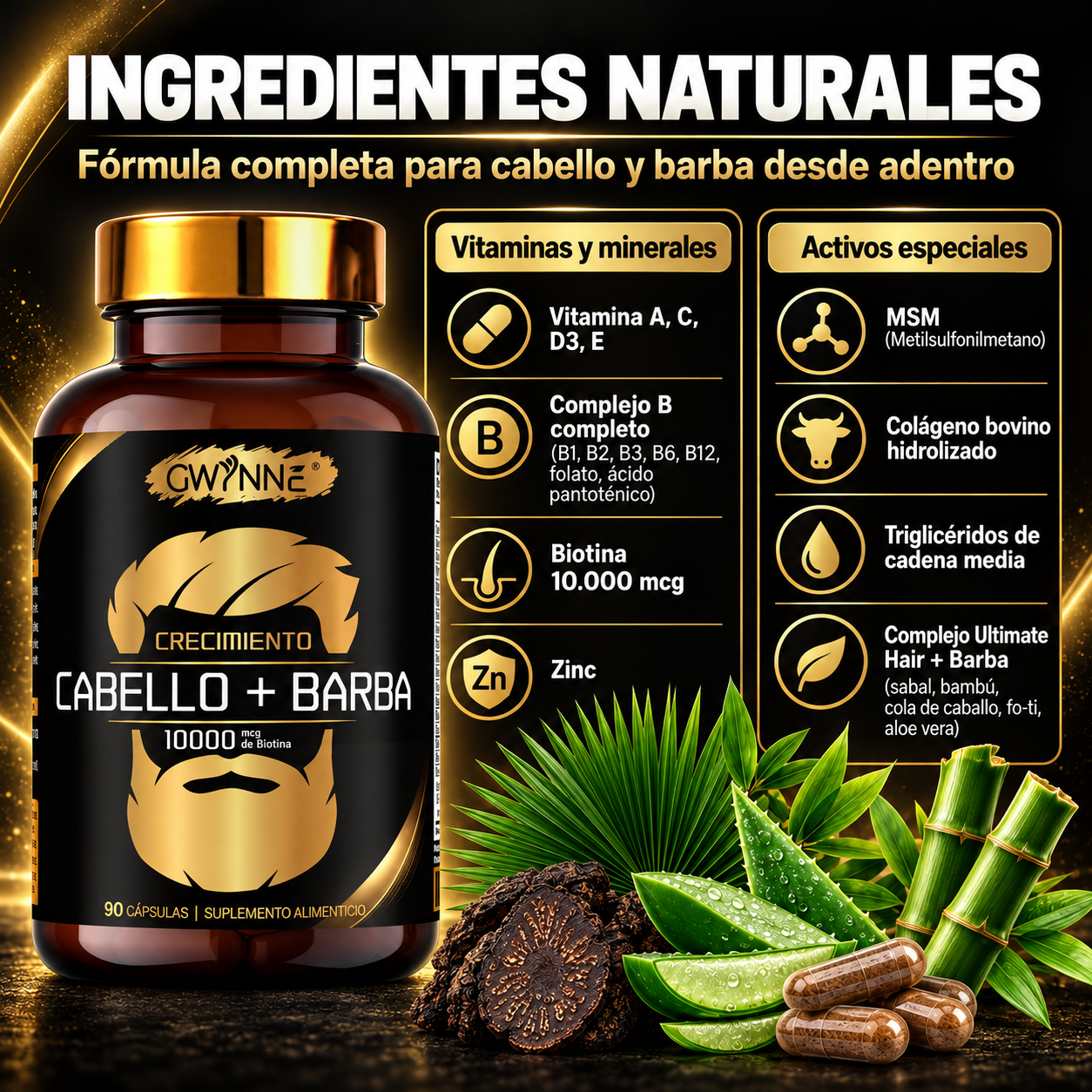 Gwynne crecimiento Cabello y Barba Suplemento 90 Cápsulas con Biotina,Zinc