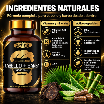 Gwynne crecimiento Cabello y Barba Suplemento 90 Cápsulas con Biotina,Zinc