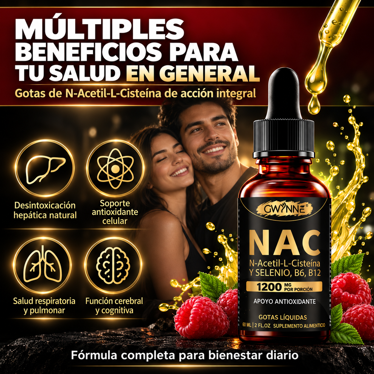 Gwynne Nac N-acetil-l-cisteína 1200mg Gotas 60ml, Con Vitamina B6,B12 Y Selenio,apoyo Antioxidante,inmunológico Y Respiratorio