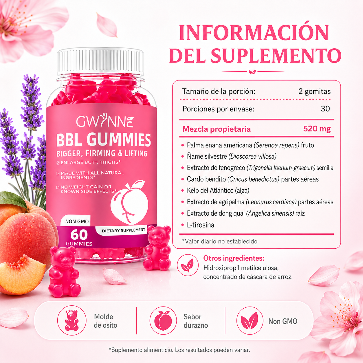 Gwynne bbl gummies gominolas dietéticas para glúteos butt hip booster 2pcs mujer