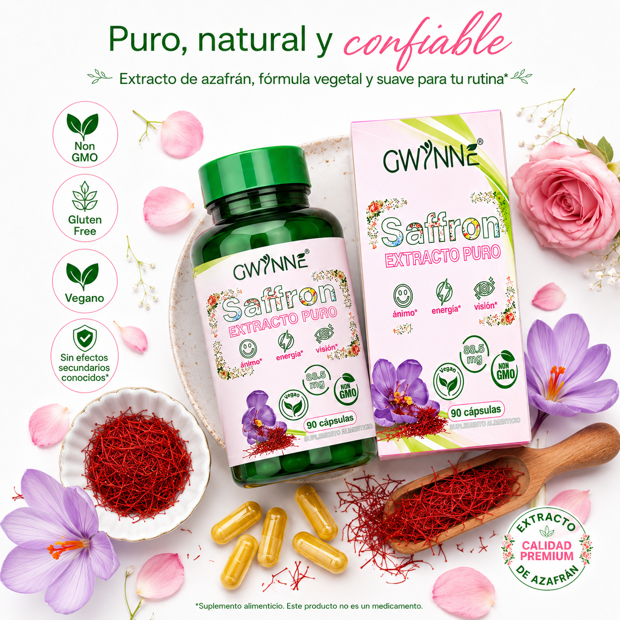 Gwynne Azafrán Puro Orgánico 88.5mg,extracto De Saffron Feliz Para Aumentar La Energía Y El Estado De Ánimo,apoyar La Salud Ocular,90 Cápsulas