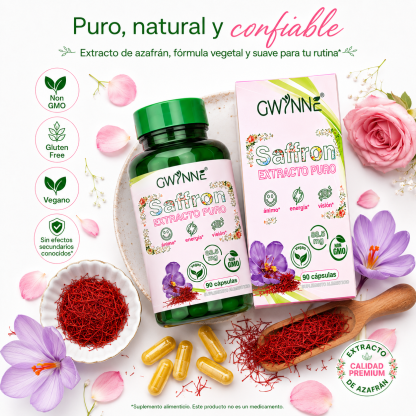 Gwynne Azafrán Puro Orgánico 88.5mg,extracto De Saffron Feliz Para Aumentar La Energía Y El Estado De Ánimo,apoyar La Salud Ocular,90 Cápsulas