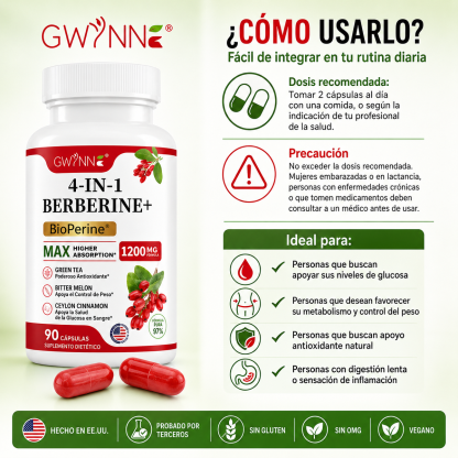 Gwynne 4 En 1 Berberina Y Bioperine 1200mg Con Melón Amargo,canela De Ceilán Y Extracto De Té Verde,apoyo A La Salud Del Corazón,sistema Inmunológico,gi Saludable,90 Cápsulas