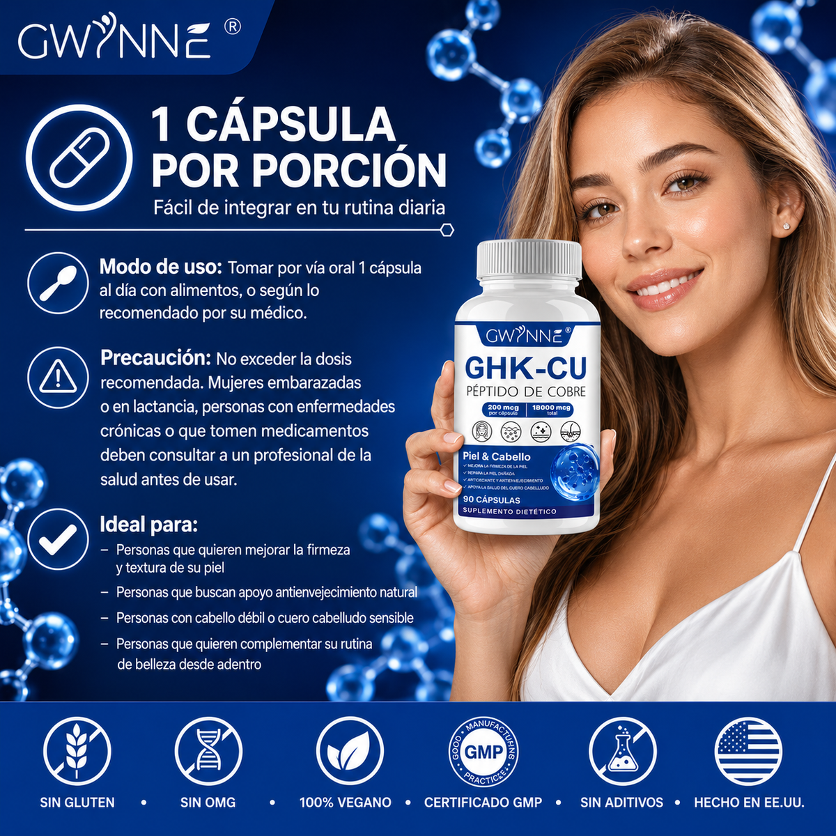 Gwynne Péptido De Cobre Ghk-cu 200mcg,90 Cápsulas De Alta Potencia Promueve La Reparación De La Piel,la Elasticidad Radiante De La Piel,el Anti-envejecimiento Y El Apoyo Al Crecimiento Del Cabello