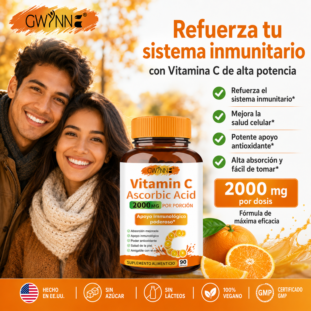 Gwynne Ácido Ascórbico Puro De Vitamina C 2000mg,90 Cápsulas,formas Solubles En Grasa Y Agua Altamente Biodisponibles,antioxidante Y Suplemento De Apoyo Inmunológico