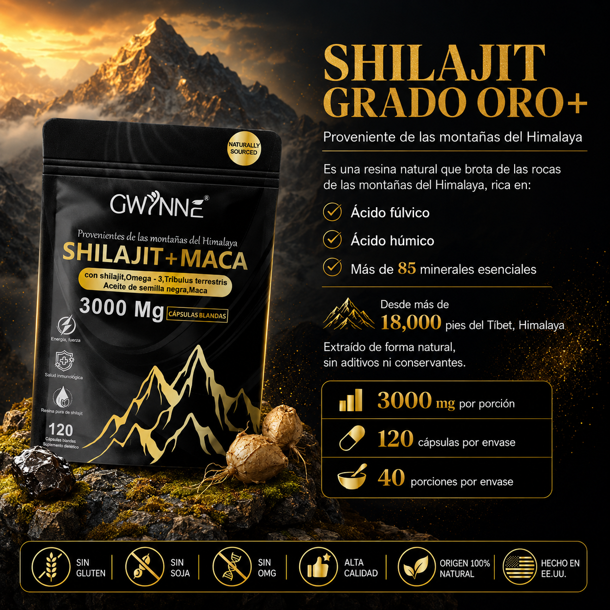 Gwynne Shilajit + Maca Del Himalaya 120 Cáps,con Shilajit 3000mg,omega-3,tribulus Y Maca,salud Cardio-cerebra,aumento De Energia,antiinflamatorio Y Antioxidante