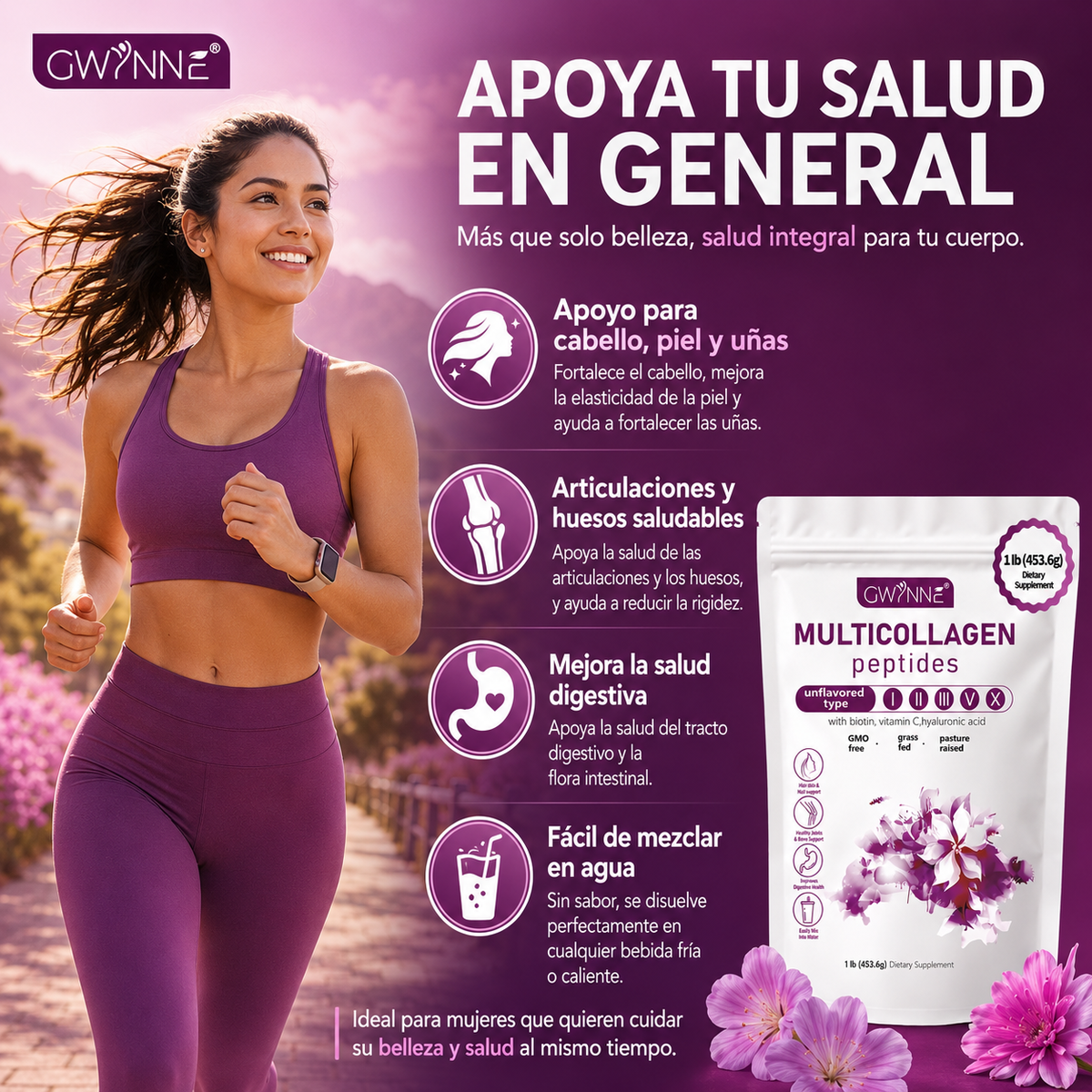Gwynne Multi Collagen Peptides Powder 1lb 453.6g,con proteina,colageno,Biotina,vitamin C Y Hyaluronic Acid,apoya La Salud Del Cabello, La Piel Y Las Articulaciones