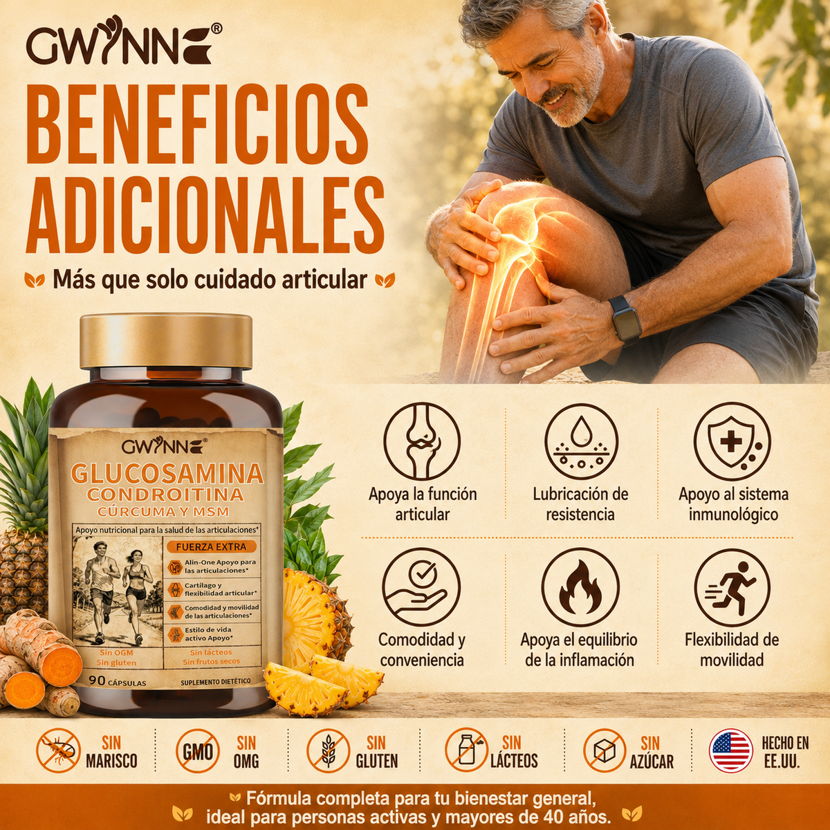 Glucosamina Complex | Glucosamina 1500mg, Condroitina, Msm Alta Potencia,curcumina,quercetina| Articulaciones Y Huesos | GWYNNE Vitaminas Mujer Y Hombre 90 Cápsulas