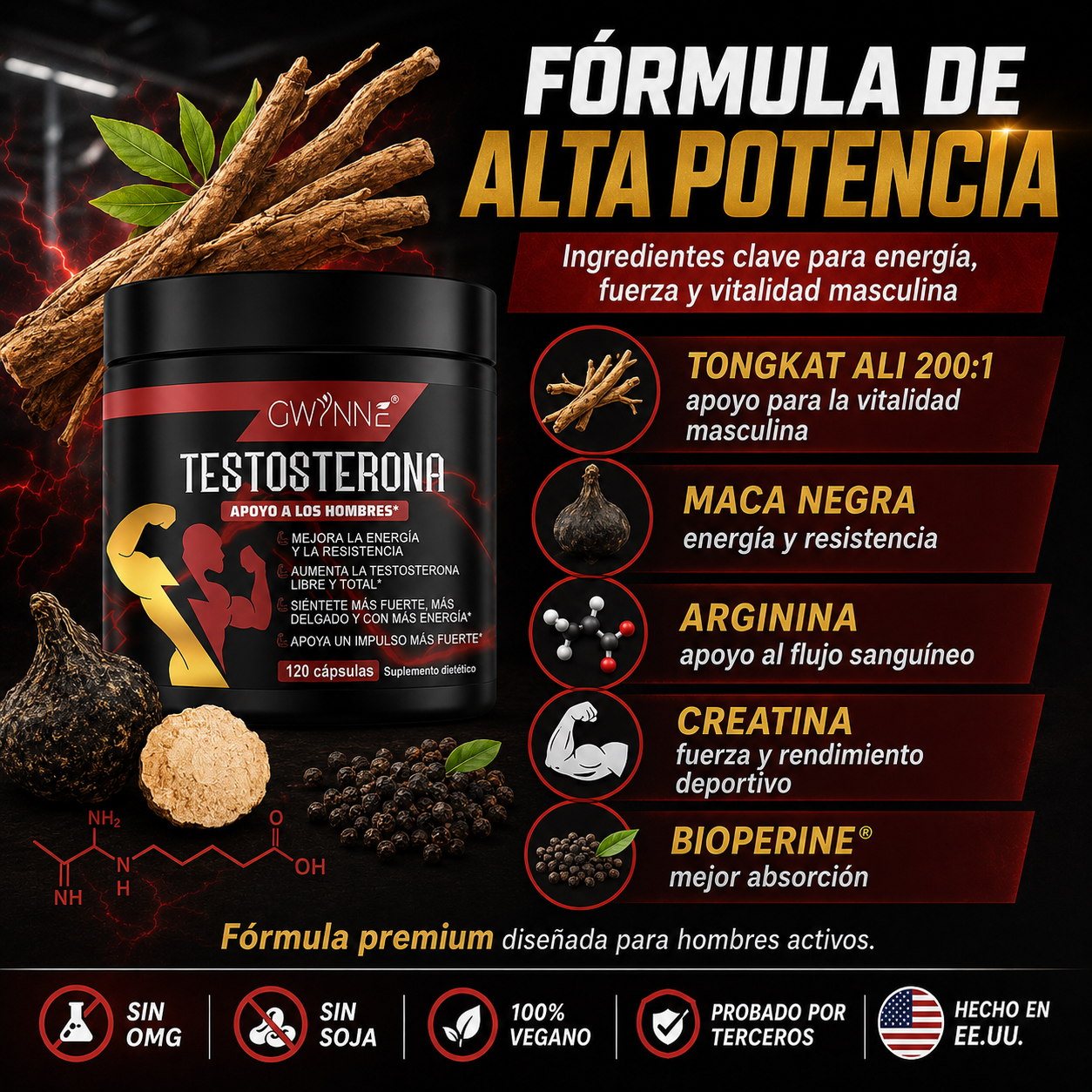 Gwynne Testosterone Supplement Para Hombres,con Extracto De Raiz De Tongkat Ali 500mg,maca,arginina,creatina,ayuda Crecimiento Muscular,recuperación,conducción Y Resistencia,120capsules