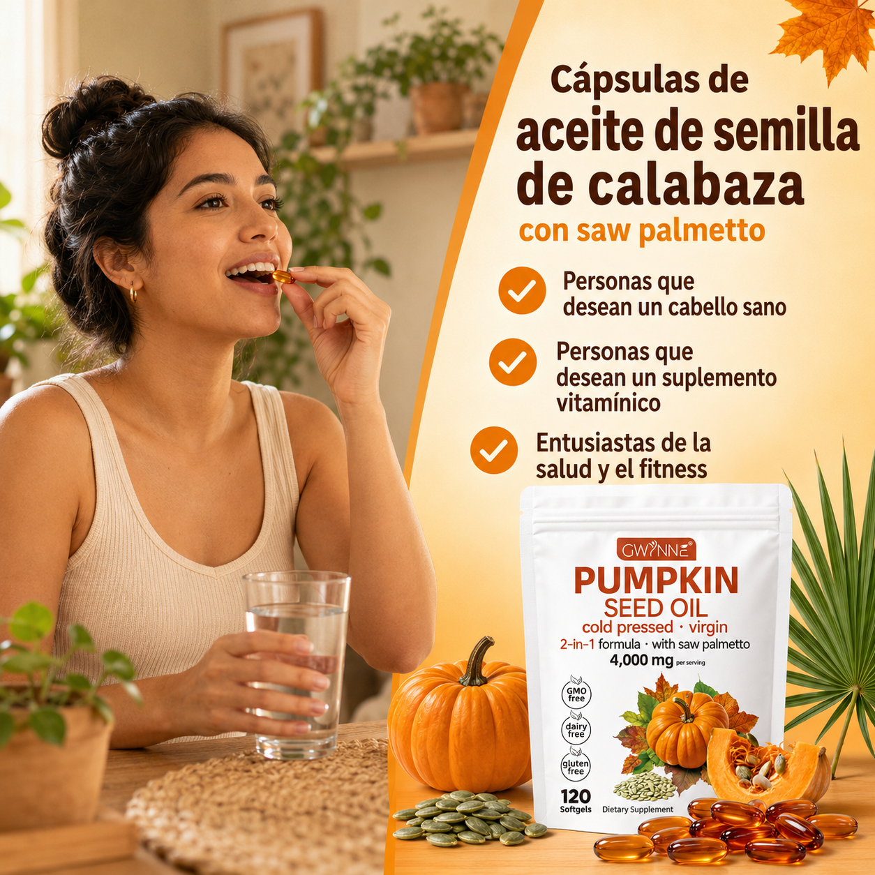 Gwynne 4000mg Cápsulas De Aceite De Semilla De Calabaza,Cold Pressed,Pure Virgin Oil,Apoyar la salud del cabello,el sistema urinario y la próstata,rico En Ácidos Grasos y Phytosterols 120cápsulas