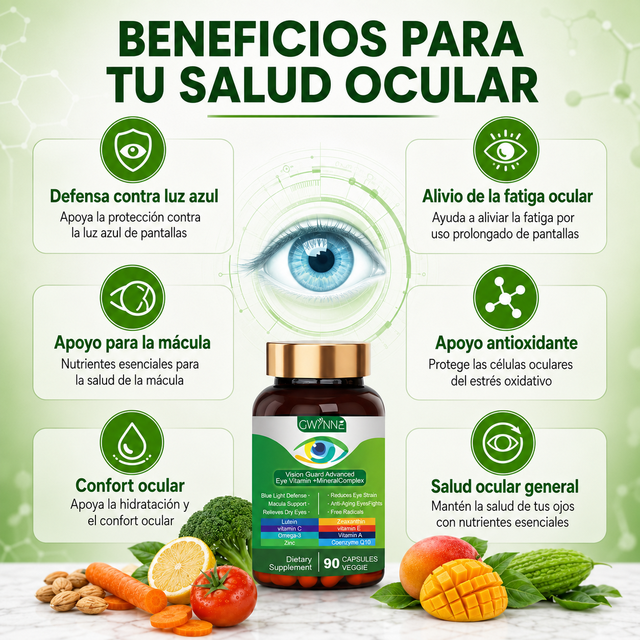 Gwynne Lutein Eye Vitamin Supplement 90 Cápsulas Suplemento Nutricional Para La Salud Macular Y El Ojo Seco Con Luteína, Zinc, Vitamina C/e Y Zeaxantina