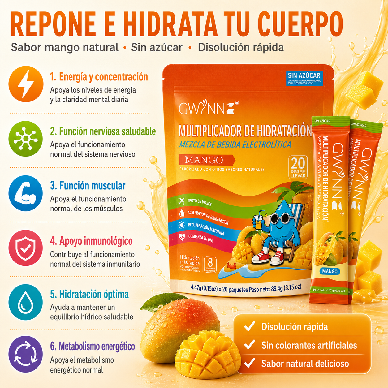 Gwynne Multiplicador De Hidratacion Mezcla De Bebida Electrolitica,supercalm Nutricional Bebidas Mixtas En Polvo Con Sodio ,vitamina C Y B12,sabor A Mango 20 Unidade
