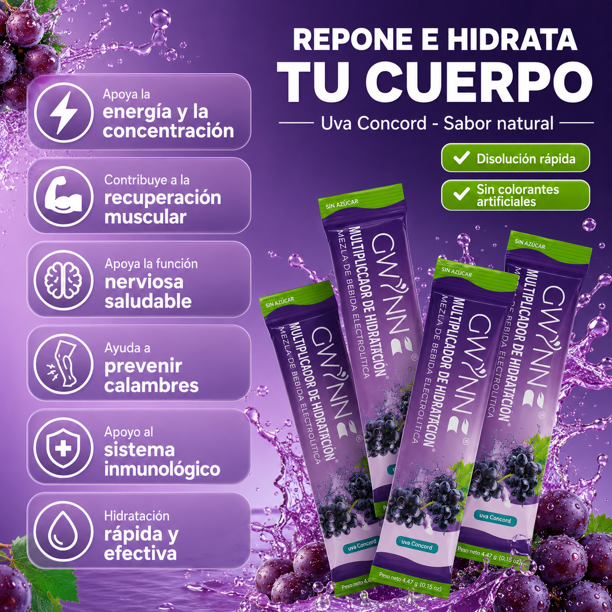 Gwynne Multiplicador De Hidratacion Mezcla De Bebida Electrolitica,supercalm Nutricional Bebidas Mixtas En Polvo Con Sodio ,vitamina C Y B12,sabor A Uva 20 Unidade