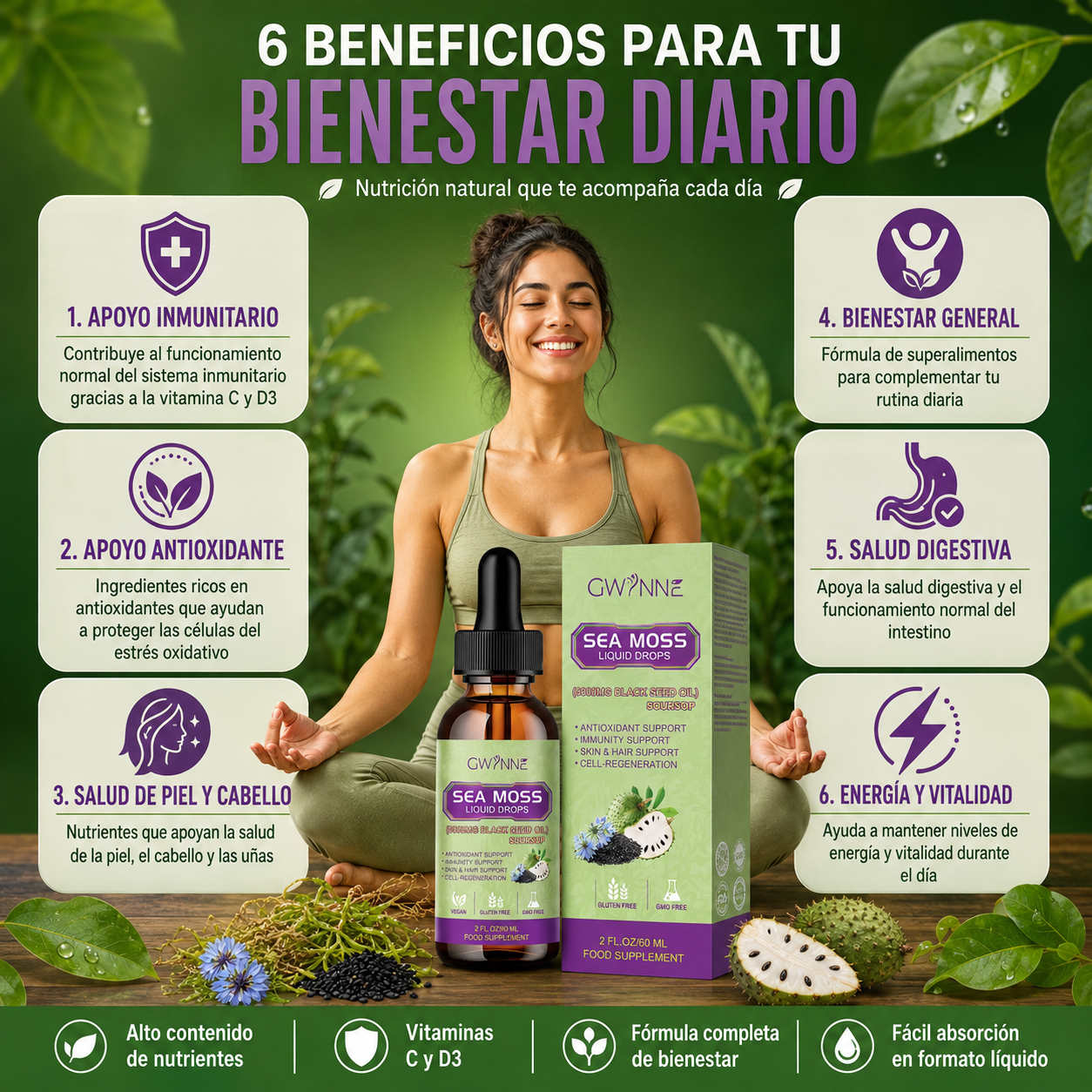 Gwynne Gotas Líquidas De Musgo Marino 5000mg 60ml - Irish Sea Moss Black Seed,suplemento Multimineral De Musgo Marino Apoyo Antioxidante, Inmunitario, Salud Intestinal