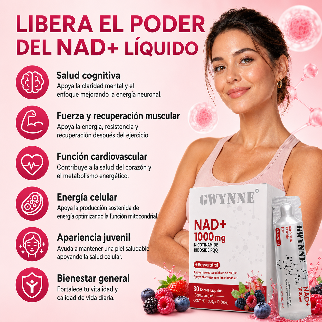 Gwynne Nad Suplemento Con Nicotinamide Riboside, Resveratrol & Pqq 1000mg Alternativa Nmn Extra Fuerte Para Anti-envejecimiento, Energía & Concentración 30 Unidad