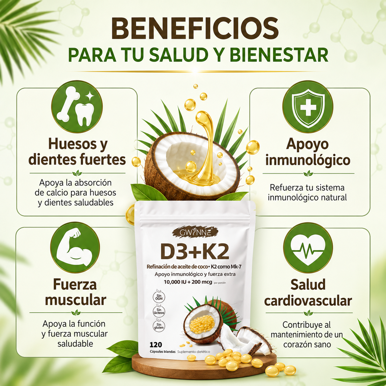 Gwynne Vitamina D3 10.000ui + K2 Mk-7 200mcg,120cápsulas  2 En 1 Aceite De Coco Vírgenapoyo Óseo,inmunológico Y Cardíaco