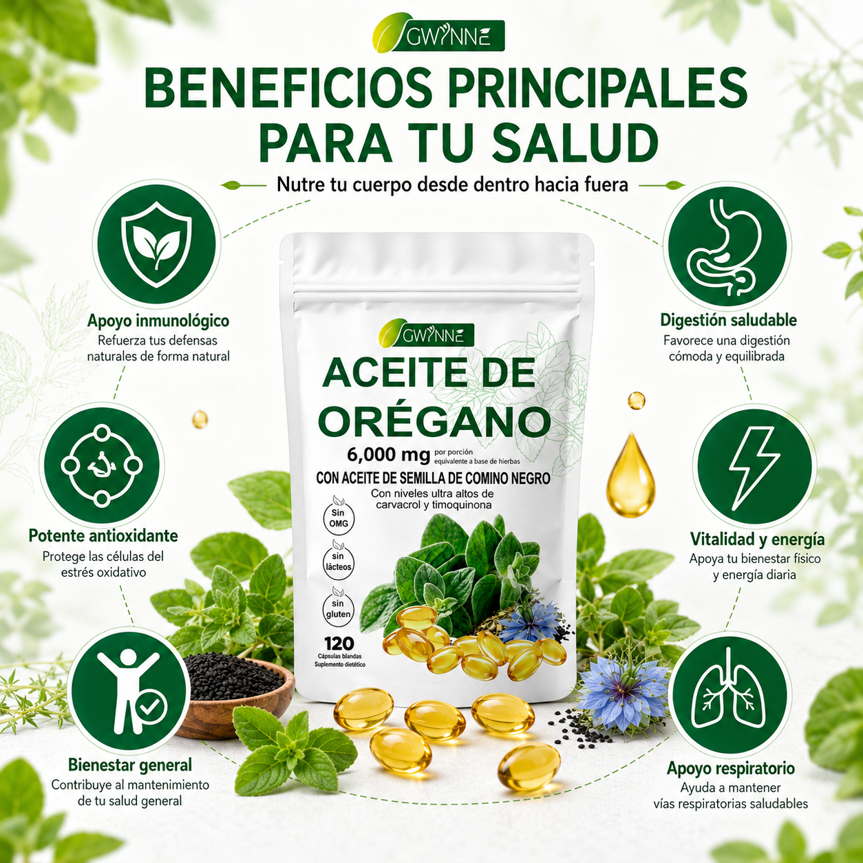 Gwynne Micro Ingredients Aceite De Orégano Cápsulas Oil Of Oregano Blandas 6000mg Por Dosis 120 Cápsulas