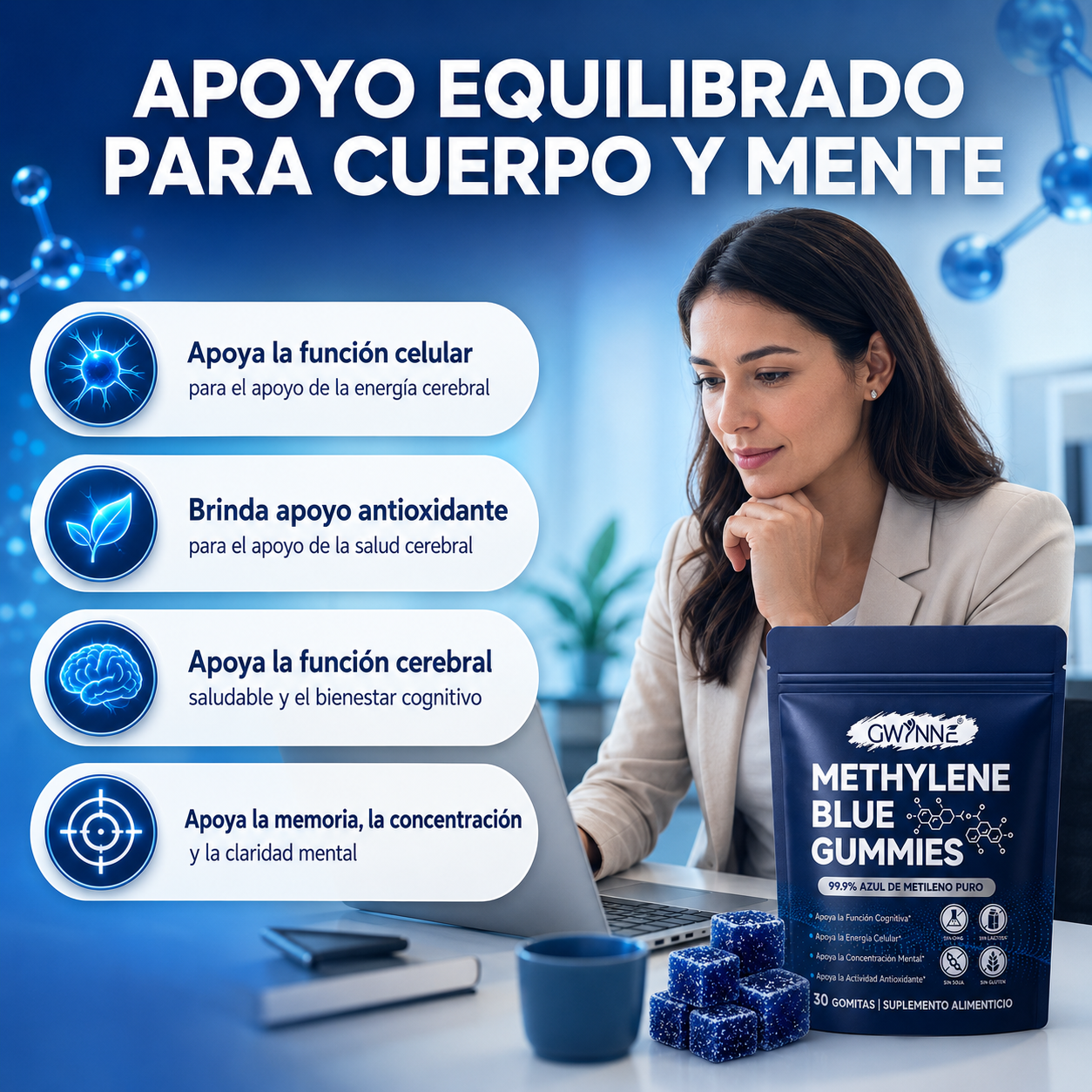 Gwynne Methylene Blue Gummies,99.9% Azul De Metileno Puro Grado Usp,apoyo A La Energía Celular Y Función Cognitiva,30 Gummies