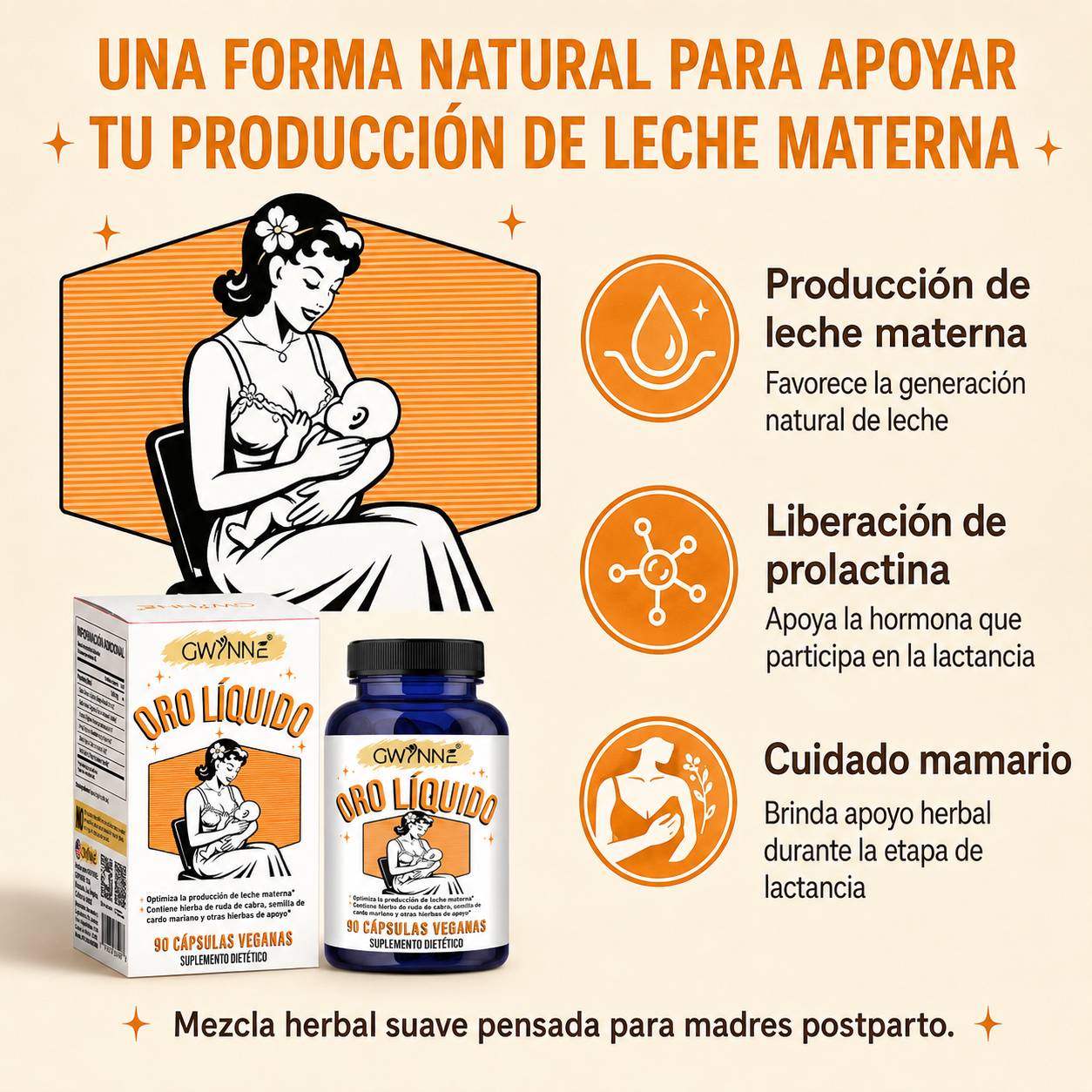 Gwynne Oro Líquido Suplemento Para Lactancia Materna,con Ruda Cabruna Orgánica,cardo Mariano,shatavari, Hinojo,alfalfa Y Anís,apoya La Producción De Leche Materna, 90 Cápsulas